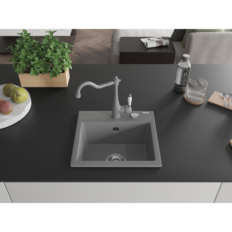 Mexen Milo 1-bowl granite sink with Carla kitchen faucet, gray - 6505-71-670700-71