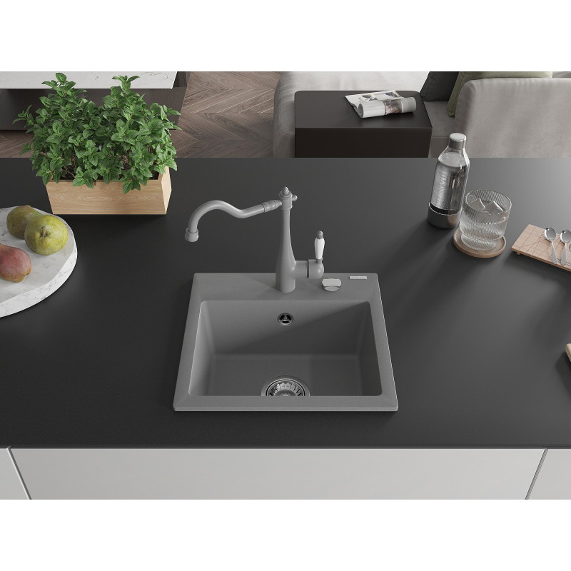 Mexen Milo granite kitchen sink single-bowl with Carla kitchen faucet, gray - 6505-71-670700-71