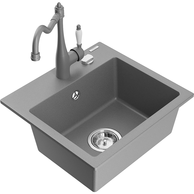 Mexen Milo 1-bowl granite sink with Carla kitchen faucet, gray - 6505-71-670700-71