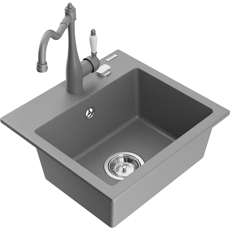 Mexen Milo 1-bowl granite sink with Carla kitchen tap, grey - 6505-71-670700-71