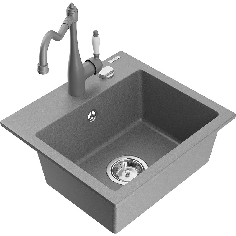 Mexen Milo granite kitchen sink single-bowl with Carla kitchen faucet, gray - 6505-71-670700-71