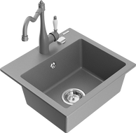 Mexen Milo granite kitchen sink single-bowl with Carla kitchen faucet, gray - 6505-71-670700-71