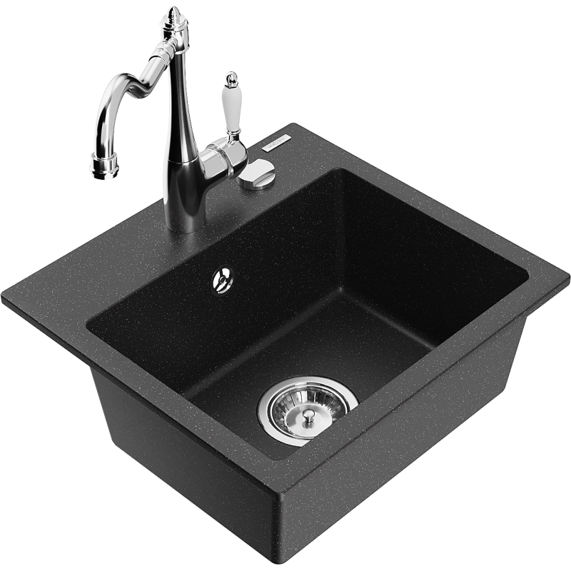 Mexen Milo 1-compartment granite sink with a kitchen mixer tap Carla, Black/Silver metallic - 6505-73-670700-00