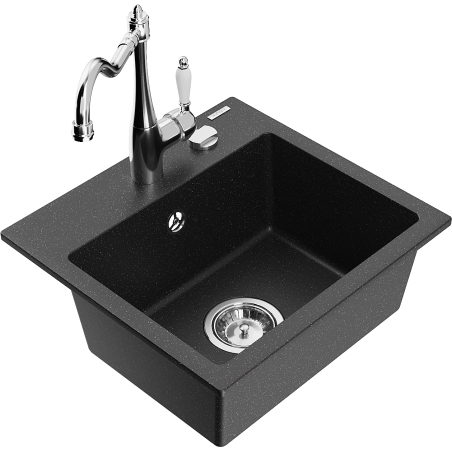 Mexen Milo granite kitchen sink 1-bowl with kitchen faucet Carla, black/silver metallic - 6505-73-670700-00