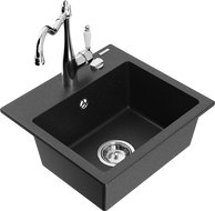 Mexen Milo 1-compartment granite sink with a kitchen mixer tap Carla, Black/Silver metallic - 6505-73-670700-00