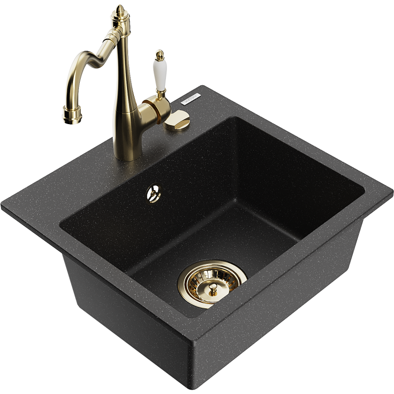 Mexen Milo 1-bowl granite sink with Carla kitchen tap, black/silver metallic - 6505-73-670700-50