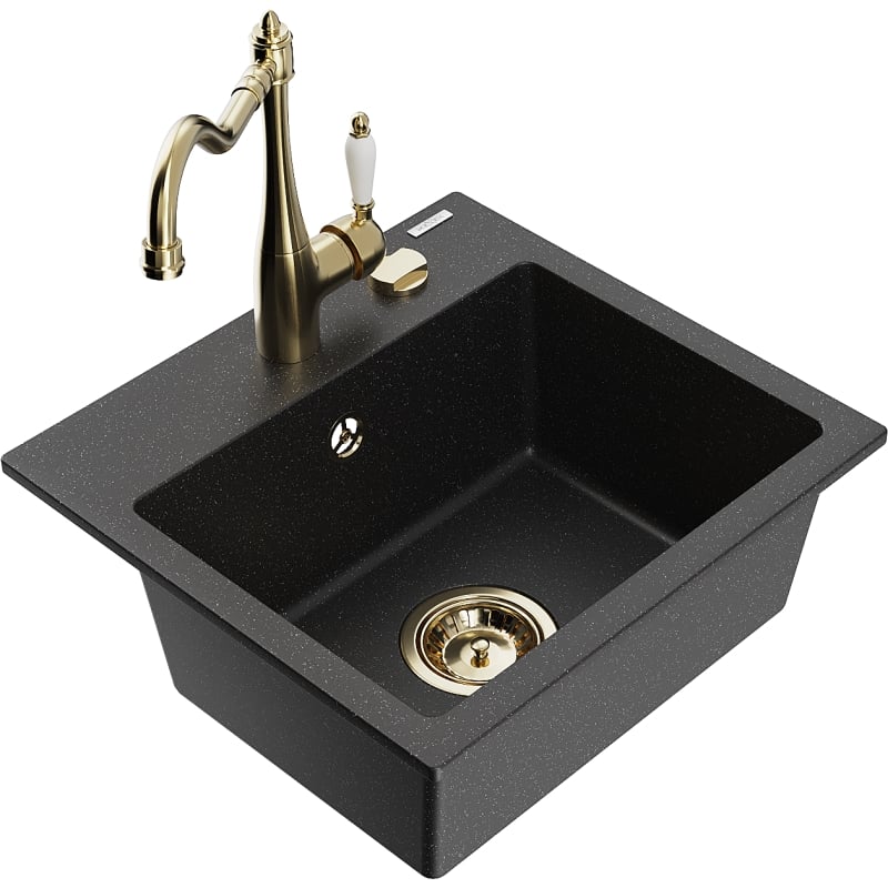 Mexen Milo granite kitchen sink 1-bowl with Carla kitchen faucet, black/silver metallic - 6505-73-670700-50