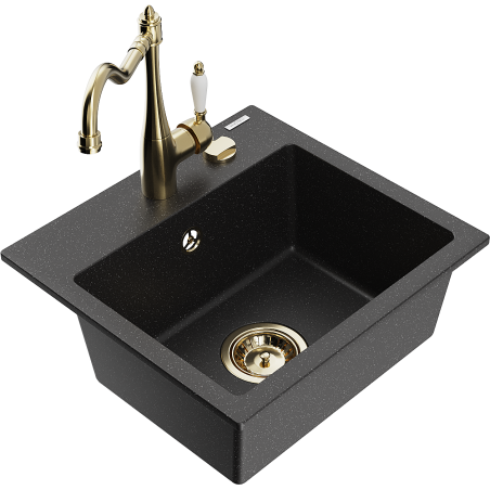 Mexen Milo 1-bowl granite sink with Carla kitchen tap, black/silver metallic - 6505-73-670700-50