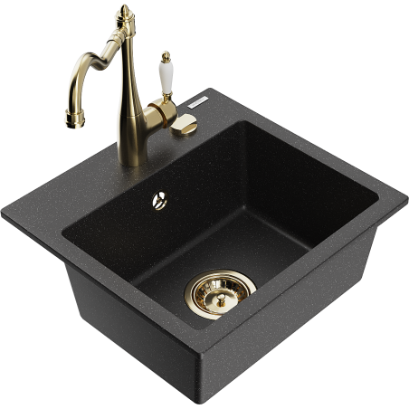 Mexen Milo granite kitchen sink 1-bowl with kitchen faucet Carla, black/silver metallic - 6505-73-670700-50