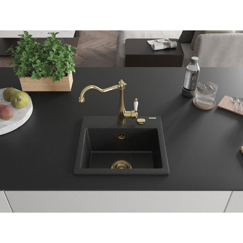 Mexen Milo 1-bowl granite sink with Carla kitchen tap, black/silver metallic - 6505-73-670700-50