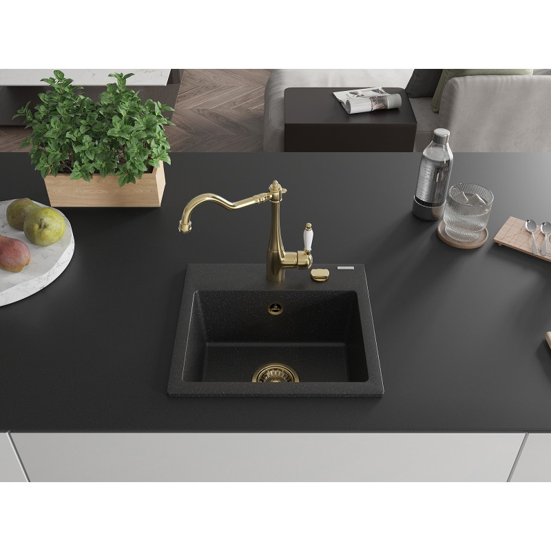 Mexen Milo granite kitchen sink 1-bowl with Carla kitchen faucet, black/silver metallic - 6505-73-670700-50