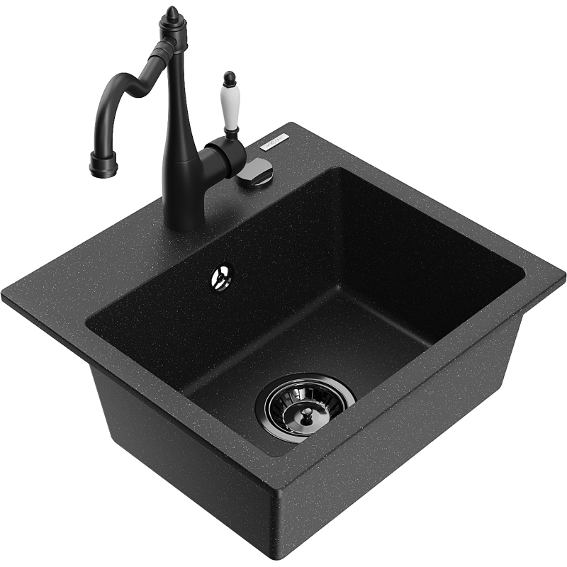 Mexen Milo 1-compartment granite sink with a kitchen mixer tap Carla, Black/Silver metallic - 6505-73-670700-70-B