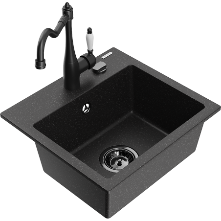 Mexen Milo granite kitchen sink 1-bowl with Carla kitchen faucet, black/silver metallic - 6505-73-670700-70-B