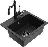 Mexen Milo granite sink 1-bowl with Carla kitchen tap, black/silver metallic - 6505-73-670700-70-B