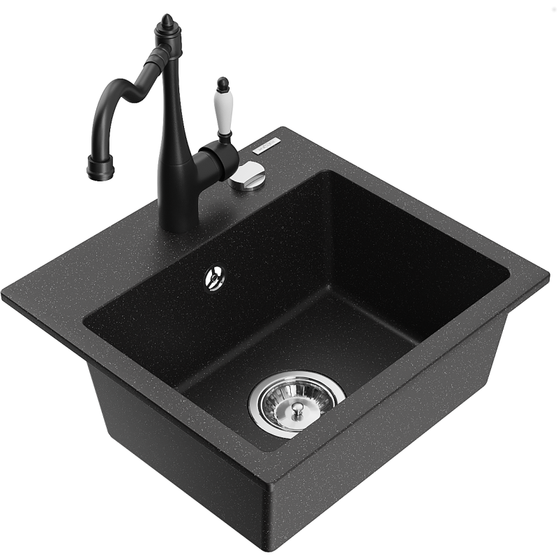 Mexen Milo 1-bowl granite sink with Carla kitchen tap, black/silver metallic - 6505-73-670700-70