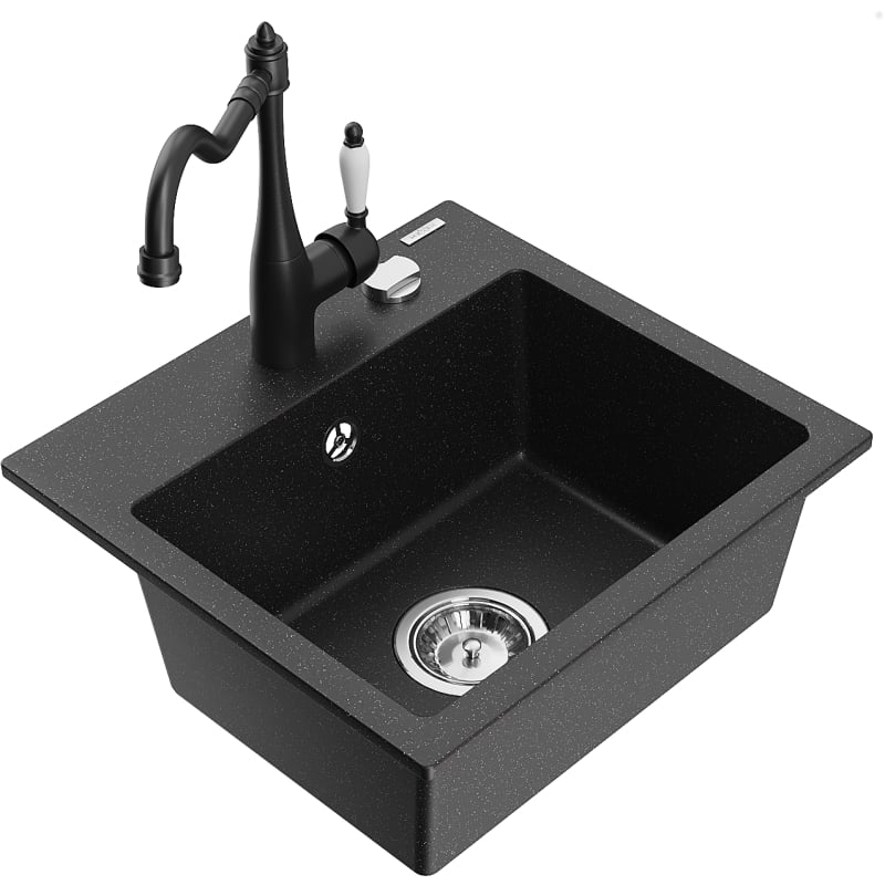 Mexen Milo single-bowl granite sink with Carla kitchen faucet, black/silver metallic - 6505-73-670700-70