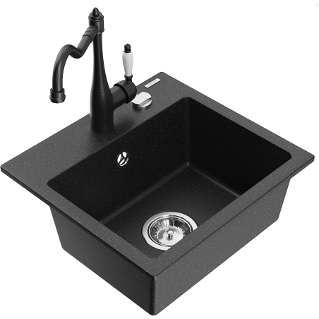 Mexen Milo 1-bowl granite sink with kitchen faucet Carla, black/silver metallic - 6505-73-670700-70