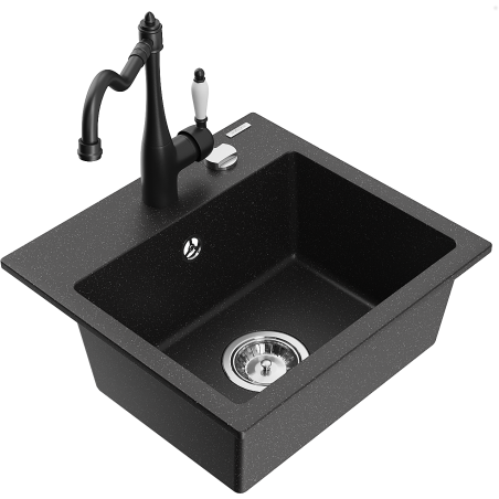 Mexen Milo single-bowl granite sink with Carla kitchen faucet, black/silver metallic - 6505-73-670700-70