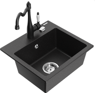 Mexen Milo 1-bowl granite sink with kitchen faucet Carla, black/silver metallic - 6505-73-670700-70