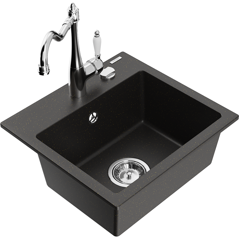 Mexen Milo 1-bowl granite sink with Carla kitchen tap, black/gold metallic - 6505-75-670700-00