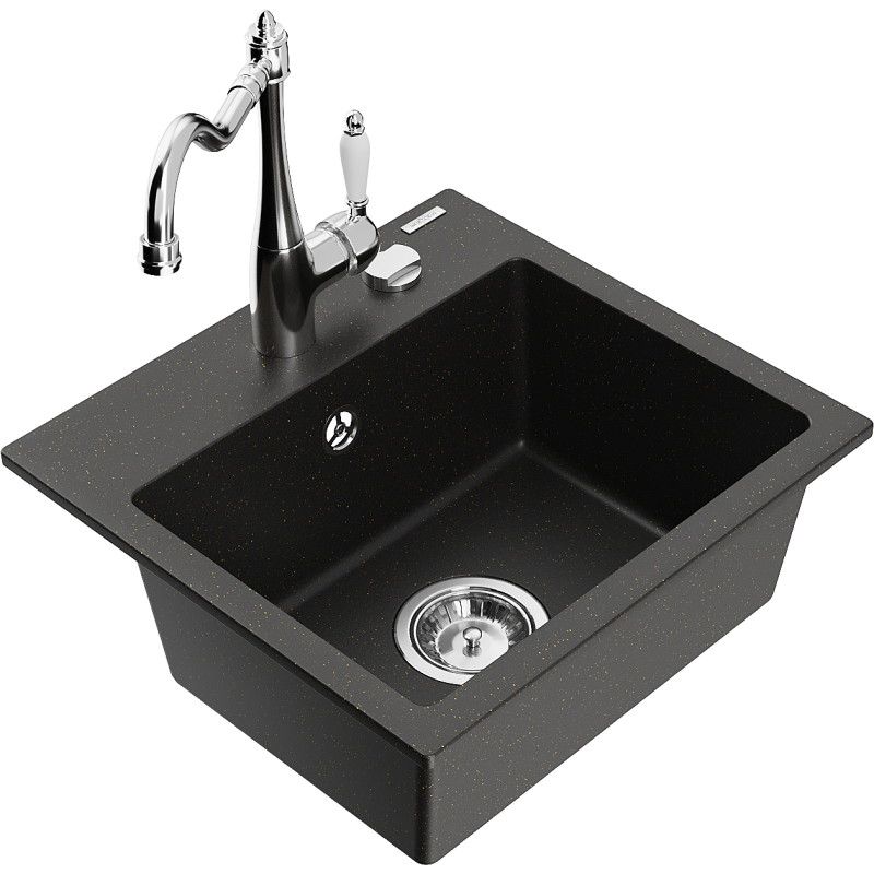 Mexen Milo granite kitchen sink 1-bowl with Carla kitchen faucet, black/gold metallic - 6505-75-670700-00