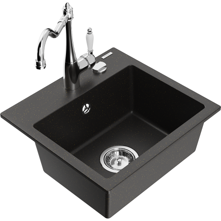 Mexen Milo 1-bowl granite sink with Carla kitchen faucet, black/gold metallic - 6505-75-670700-00