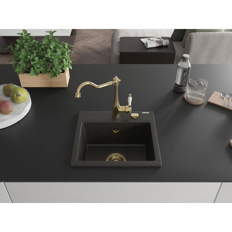 Mexen Milo granite sink 1-bowl with Carla kitchen tap, black/gold metallic - 6505-75-670700-50