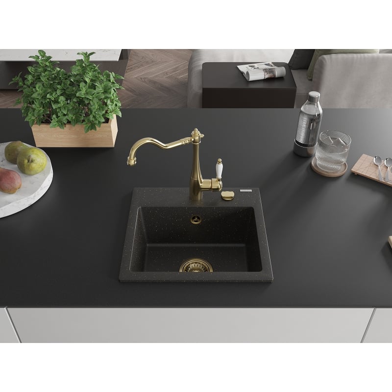 Mexen Milo single-bowl granite sink with Carla kitchen faucet, black/gold metallic - 6505-75-670700-50