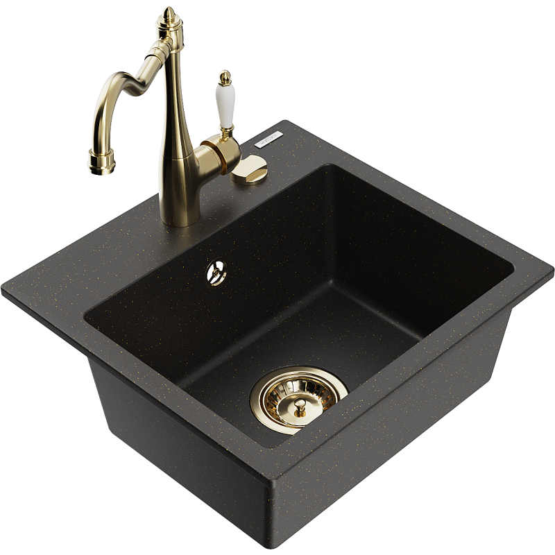 Mexen Milo 1-compartment granite sink with a kitchen mixer tap Carla, Black/Gold metallic - 6505-75-670700-50