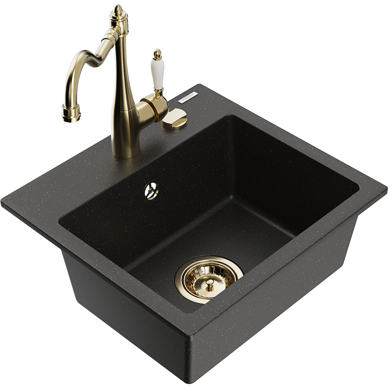 Mexen Milo granite sink 1-bowl with Carla kitchen tap, black/gold metallic - 6505-75-670700-50