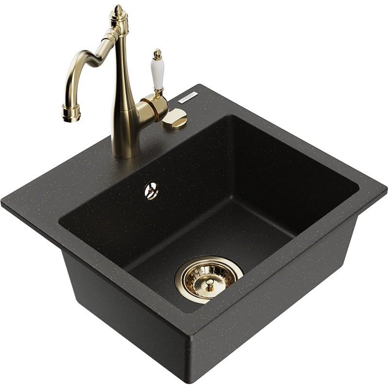 Mexen Milo granite sink 1-bowl with kitchen faucet Carla, black/gold metallic - 6505-75-670700-50