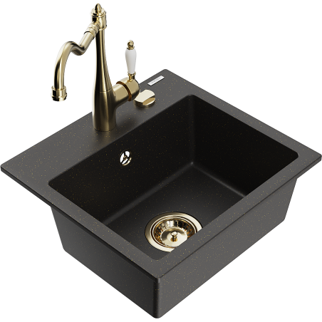 Mexen Milo 1-compartment granite sink with a kitchen mixer tap Carla, Black/Gold metallic - 6505-75-670700-50