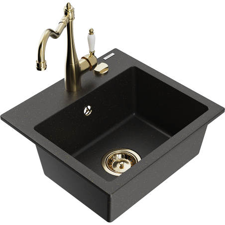 Mexen Milo granite sink 1-bowl with Carla kitchen tap, black/gold metallic - 6505-75-670700-50
