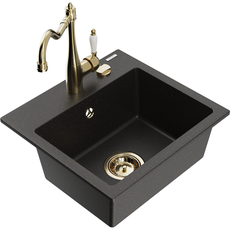 Mexen Milo single-bowl granite sink with Carla kitchen faucet, black/gold metallic - 6505-75-670700-50