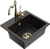Mexen Milo 1-compartment granite sink with a kitchen mixer tap Carla, Black/Gold metallic - 6505-75-670700-50