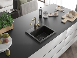 Mexen Milo granite kitchen sink 1-bowl with Carla kitchen tap, black/gold metallic - 6505-75-670700-50-B