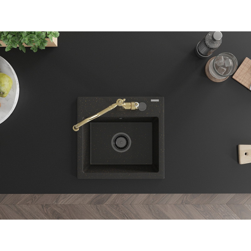 Mexen Milo 1-bowl granite sink with Carla kitchen faucet, black/gold metallic - 6505-75-670700-50-B