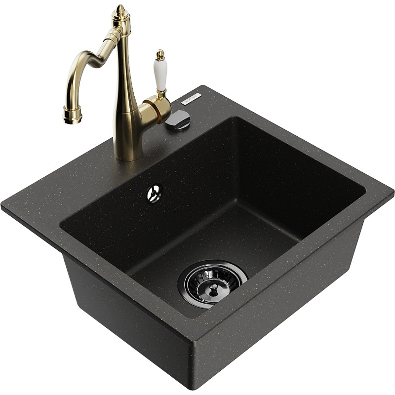 Mexen Milo 1-bowl granite sink with Carla kitchen faucet, black/gold metallic - 6505-75-670700-50-B