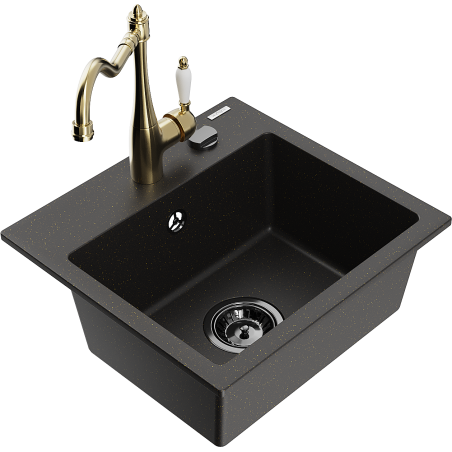 Mexen Milo granite single-bowl sink with Carla kitchen faucet, black/gold metallic - 6505-75-670700-50-B