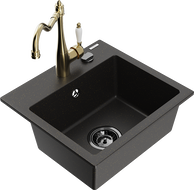 Mexen Milo granite kitchen sink 1-bowl with Carla kitchen tap, black/gold metallic - 6505-75-670700-50-B