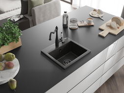 Mexen Milo 1-compartment granite sink with a kitchen mixer tap Carla, Black/Gold metallic - 6505-75-670700-70-B