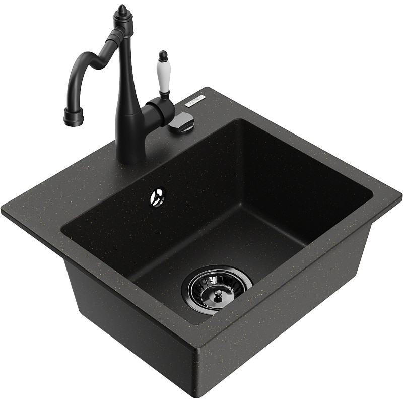 Mexen Milo granit sink single-bowl with Carla kitchen faucet, black/gold metallic - 6505-75-670700-70-B