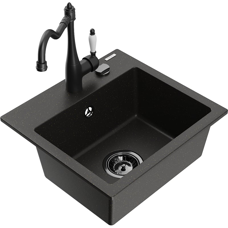 Mexen Milo granite sink 1-bowl with kitchen faucet Carla, black/gold metallic - 6505-75-670700-70-B