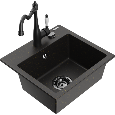 Mexen Milo granite sink 1-bowl with Carla kitchen tap, black/golden metallic - 6505-75-670700-70-B