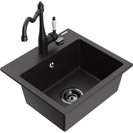 Mexen Milo granite sink 1-bowl with kitchen faucet Carla, black/gold metallic - 6505-75-670700-70-B