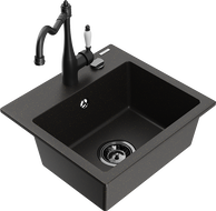 Mexen Milo granite sink 1-bowl with Carla kitchen tap, black/golden metallic - 6505-75-670700-70-B