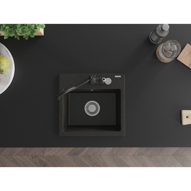 Mexen Milo granite sink 1-bowl with Carla kitchen tap, black/gold metallic - 6505-75-670700-70