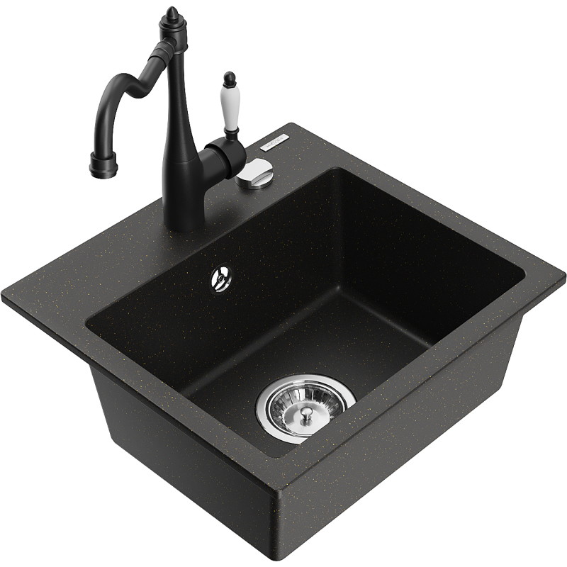 Mexen Milo 1-bowl granite sink with kitchen faucet Carla, black/gold metallic - 6505-75-670700-70
