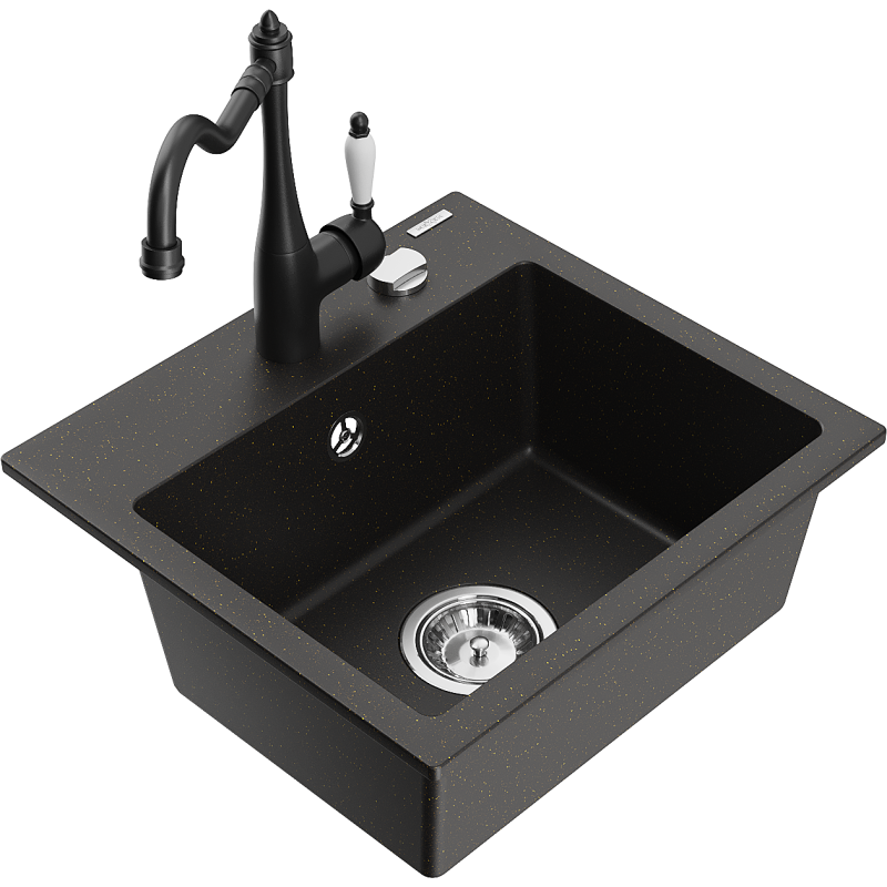 Mexen Milo 1-compartment granite sink with a kitchen mixer tap Carla, Black/Gold metallic - 6505-75-670700-70