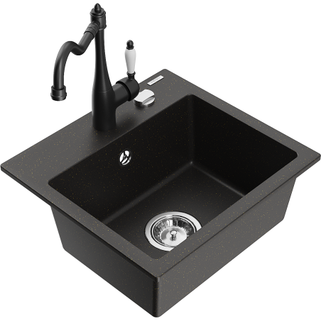 Mexen Milo 1-bowl granite sink with kitchen faucet Carla, black/gold metallic - 6505-75-670700-70